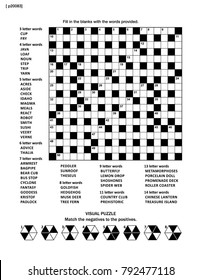 Puzzle page with two puzzles: 19x19 criss-cross (kriss-kross, fill in the blanks) crossword word game (English language) and abstract visual puzzle. Black and white, A4 or Letter sized.