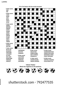 Puzzle page with two puzzles: 19x19 criss-cross (kriss-kross, fill in the blanks) crossword word game (English language) and abstract visual puzzle. Black and white, A4 or Letter sized.