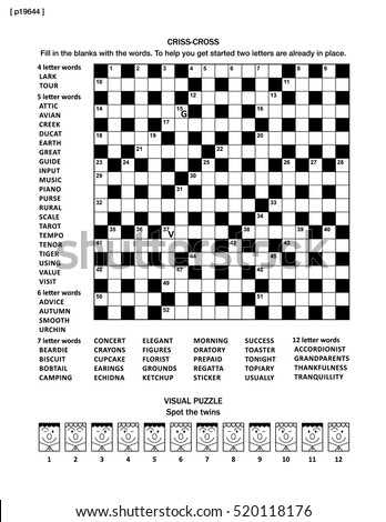 Puzzle page with two puzzles: 19x19 criss-cross word game (English language) and visual puzzle with whimsical faces.  Black and white, A4 or letter sized. Answers are on separate file named p19646.
