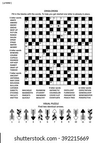 Puzzle page with two puzzles: big 19x19 criss-cross word game (English language) and small visual puzzle with whimsical arrows.  Black and white, A4 or letter sized.
