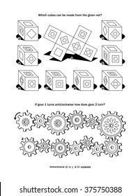 Puzzle page with two puzzles: Which cubes can be made from the given net? If gear 1 turns anticlockwise how does gear 2 turn? Answer included.
