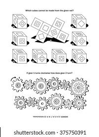 Puzzle page with two puzzles: Which cubes cannot be made from the given net? If gear 1 turns clockwise how does gear 2 turn? Answer included.
