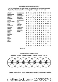 Puzzle page with two word games (English language). Headwear word search puzzle. Common knowledge fill the wheels criss-cross. Black and white, A4 or letter sized. Answer included.