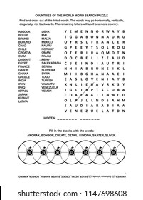 Puzzle page with two word games (English language). Countries of the world word search puzzle. Common knowledge fill the wheels. Black and white, A4 or letter sized. Answer included.