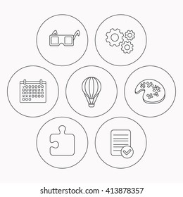 Puzzle, painting and air balloon icons. 3d glasses linear sign. Check file, calendar and cogwheel icons. Vector