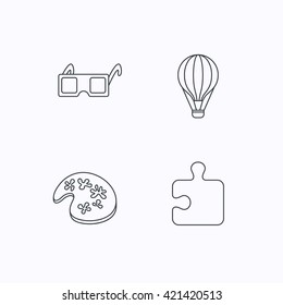 Puzzle, painting and air balloon icons. 3d glasses linear sign. Flat linear icons on white background. Vector