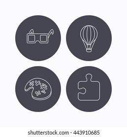 Puzzle, painting and air balloon icons. 3d glasses linear sign. Flat icons in circle buttons on white background. Vector