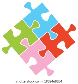 Rompecabezas, parte de cuatro elementos, color verde, azul, rojo y rosa, icono vector