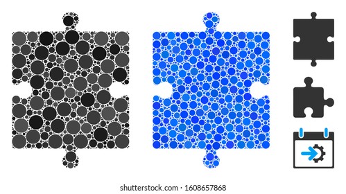 Puzzle part mosaic of small circles in different sizes and color tinges, based on puzzle part icon. Vector filled circles are combined into blue composition.