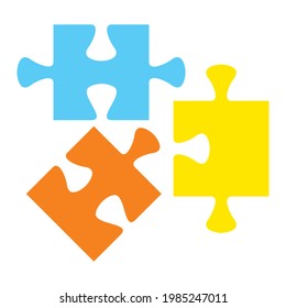 Puzzle, part of three different elements, yellow, orange and blue colors, vector icon