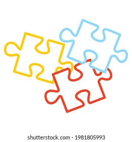 Puzzle, part of three elements, yellow, red and blue colors, contour drawing, vector icon