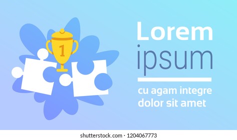 puzzle parts successful problem solution winner champion strategy concept golden trophy cup motivation first place victory flat horizontal copy space vector illustration