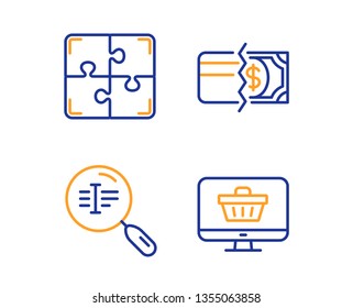 Puzzle, Payment methods and Search text icons simple set. Web shop sign. Engineering strategy, Credit card, Find word. Shopping cart. Business set. Linear puzzle icon. Colorful design set. Vector