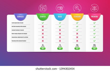 Puzzle, Payment methods and Search text icons simple set. Comparison table. Web shop sign. Engineering strategy, Credit card, Find word. Shopping cart. Business set. Pricing plan. Vector