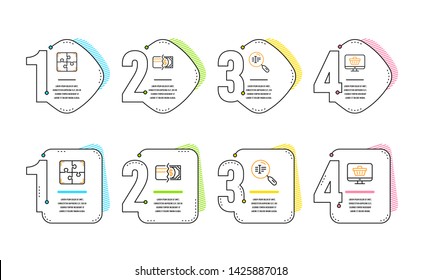 Puzzle, Payment methods and Search text icons simple set. Web shop sign. Engineering strategy, Credit card, Find word. Shopping cart. Business set. Infographic timeline. Line puzzle icon. Vector