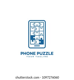 Puzzle phone logo design template in linear style. Vector illustration.