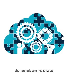 puzzle pictograms gears clouds teamwork support collaborative cooperation work icon set. Colorful design. Vector illustration