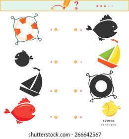 Puzzle or picture riddle. Match the pictures to their shadows. Answer included. Education matching game for preschool children. Cartoon fish, boat, lifebuoy