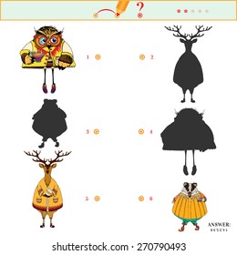 Puzzle or picture riddle. Match the pictures to their shadows. Answer included. Education matching game for preschool children. Cartoon colorful animals