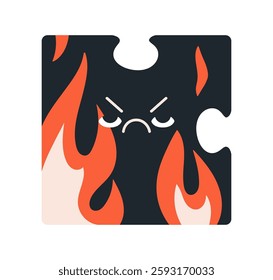 Puzzle piece, angry character in fire. Irritated furious face with anger emotion, expression, burning with rage, bad temper. Jigsaw element. Flat vector illustration isolated on white background