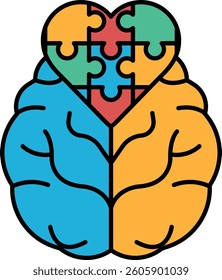 A puzzle piece brain with a heart in the middle. The puzzle pieces are in different colors and the heart is in the middle of the puzzle pieces
