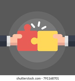 Puzzle piece business vector presentation. Two businessman holding puzzle pieces. Flat style