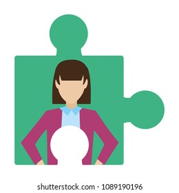 puzzle piece with businesswoman and bulb idea