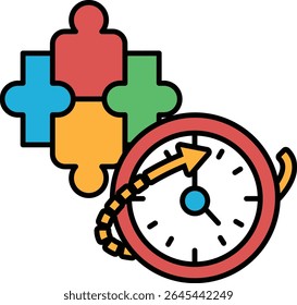 Uma peça de quebra-cabeça com um relógio. O relógio está mostrando o horário como 10:00