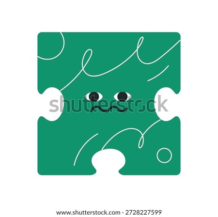 Puzzle piece with confused face expression. Confusion, anxiety, overwhelmed emotion. Missing jigsaw element, embarrassed troubled look. Flat vector illustration isolated on white background