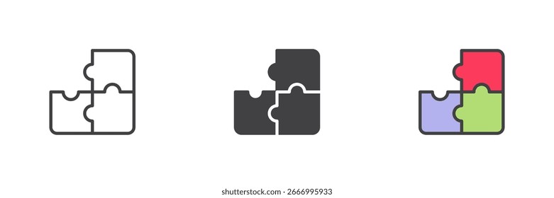Puzzleteil-Anschluss-Symbol-Set. Linienkontur, durchgezogene Glyphe und farbenfrohe, gefüllte Konturversion. Vektorgrafik der Startup-Business-Teamarbeit und der Lösungssymbole.