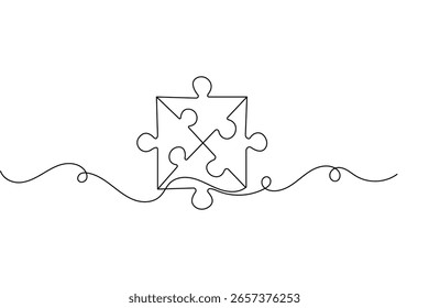 Puzzle piece continuous one line drawing minimalist outline vector illustration
