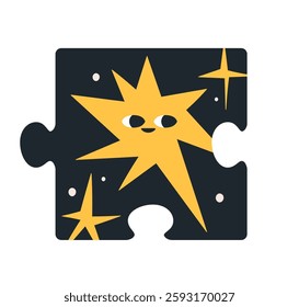 Puzzle piece with cute happy star character on night sky, in space. Starry jigsaw with funny smiling face in cosmos. Astrology, constellation. Flat vector illustration isolated on white background