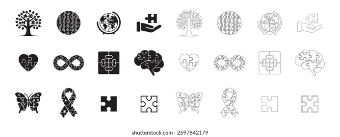 Puzzle Piece Design icons set.. World Autism Awareness Day. Editable minimalist and outline vector icons. Perfect for web and app interfaces, presentations, info graphics, etc. In black color on a whi