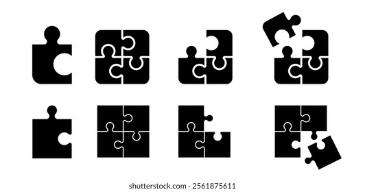 Puzzle piece element collection. Set of game puzzle. Pieces of puzzle. Vector outline icon of puzzle. Black jigsaw image.