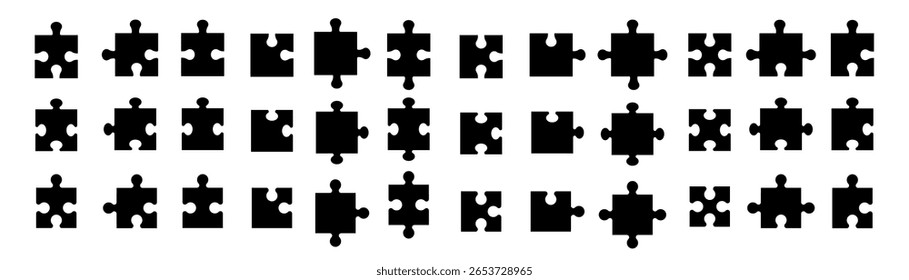 Colección de elemento de pieza de rompecabezas. Conjunto de rompecabezas de juego. Piezas de rompecabezas. Icono de contorno de Vector de rompecabezas. Imagen de rompecabezas negro.