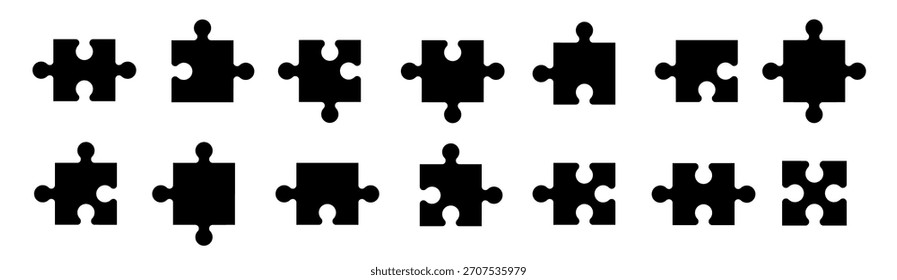 Colección de elemento de pieza de rompecabezas. Conjunto de rompecabezas de juego. Piezas de rompecabezas. Icono de contorno de Vector de rompecabezas. Imagen de rompecabezas negro.
