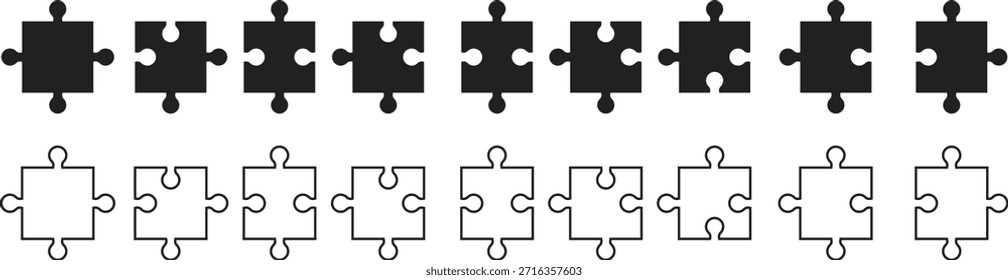 Elemento de pieza de rompecabezas. Símbolos de la parte del rompecabezas. Faltan símbolos de pieza. Diseño gráfico de resolución de problemas. Elemento de conexión y diseño lógico
