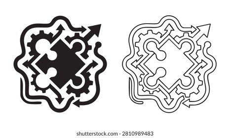 puzzle piece fitting larger picture with arrows and gears featuring mechanism