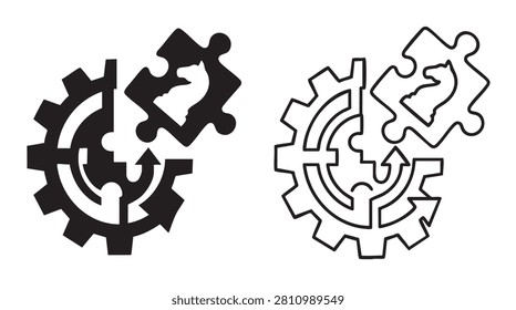 puzzle piece fitting larger picture with arrows and gears featuring mechanism