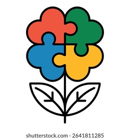 Puzzle piece flower isolated on white background symbolizes autism awareness
