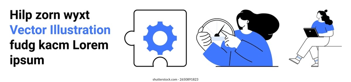 Peça de quebra-cabeça com ícone de engrenagem, pessoa segurando volante e pessoa com laptop. Ideal para trabalho em equipe, solução de problemas, aprendizagem on-line, colaboração, uso de tecnologia, produtividade, educação