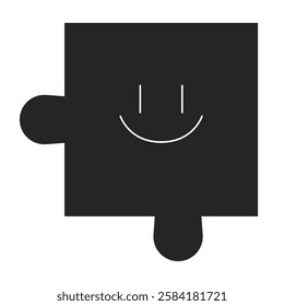 Puzzle piece with happy face black and white 2D line object. Psychology personality character smile. Facial expression jigsaw isolated clip art vector outline item. Monochromatic spot illustration