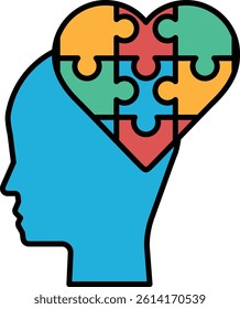 A puzzle piece head with a heart in the middle. The puzzle pieces are in different colors and the heart is in the middle of the puzzle pieces