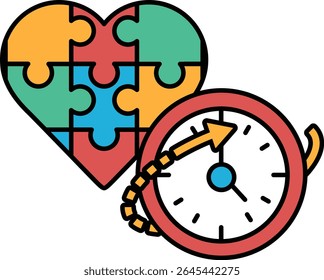 A puzzle piece heart and a clock with the hands on the number 3 and 9. The puzzle piece heart is surrounded by a red border
