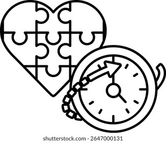 A puzzle piece heart and a clock with the hands on the number 3 and 9. The puzzle piece heart is surrounded by a red border