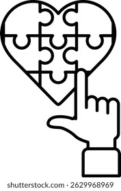 A puzzle piece heart with a finger pointing to it. The puzzle piece heart is a symbol of love