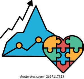 Um coração de peças de quebra-cabeça com um gráfico de uma cadeia de montanhas no fundo. As peças do quebra-cabeça estão em cores diferentes e o coração está no meio