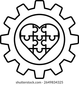 A puzzle piece heart is surrounded by a gear. The heart is made up of many small pieces, and the gear is made up of many small teeth