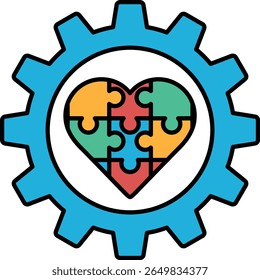 A puzzle piece heart is surrounded by a blue gear. The heart is made up of different colored pieces, and the gear is blue and white. Concept of unity and connection