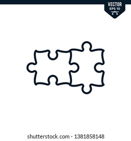 Puzzle piece icon collection in outlined or line art style, editable stroke vector